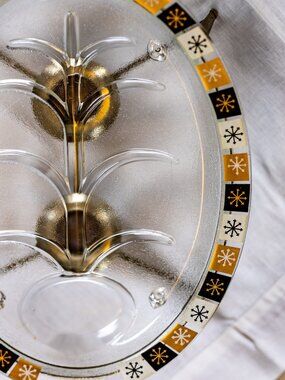 MCM; Architectural Snowflake Tray (with Warmer Base); Glass, browns and golds.